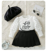 Spring and Autumn style baby girl and children's suit, cute, baby girl, long-sleeved puff sleeve T-shirt, princess skirt, hat 3-piece set - Image 4