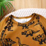 Spring and Autumn New Cute Newborn Baby Boy Dinosaur Print Jumpsuit Long Pants Two Piece Set - Image 3