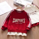 Girls autumn clothes version sweatshirt girls fake two tops kids fashion t-shirt baby red long sleeves crew neck tide - Image 2