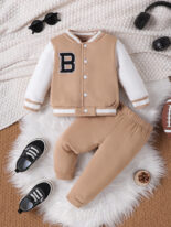 Baby and Child Set Boys Fall Casual Simple Gray Letter Embroidered Baseball Uniform Two Piece Set - Image 4