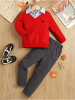 Children's clothing boys autumn and winter two-color Persian threaded lapel fake two-piece + corduroy trousers two-piece set