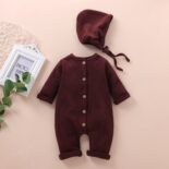 New Boys and Girls Baby Baby Cloth Solid Color Children's Long sleeved jumpsuit Hat Children's Clothing - Image 2