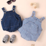 Children's clothing baby onesie, buttons, open pockets, denim overalls, and baby crawling clothes