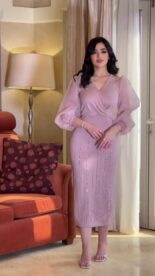 Autumn new V-neck mesh sequins elegant slim balloon sleeve dress women - Image 8