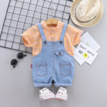 Summer Boys Shirt Short Sleeve Stand Collar Plaid Straps Cropped Pants Version Single Breasted - Image 2