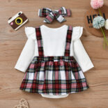Autumn New Baby Girl Checkered Bow Fake Two Piece Triangle Clothes+Headscarf - Image 4