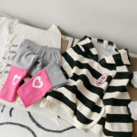 Girls' autumn clothes new striped hooded sweatshirt stitched leggings set versatile and cute spring and autumn style - Image 10