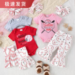 Children's clothing  summer baby sports letter print top floral bell pants headband girl suit