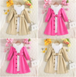 New Single-breasted Vest Collar Long Sleeve Patchwork Dress for Fashion Girls Dresses