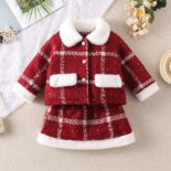 Girl's Little Fragrance Suit Autumn and Winter New Children's Plaid Two-Piece Skirt Wool Jacket Set - Image 3