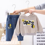 Spring Autumn Hooded Pullover Cartoon Version Boys Alphabet Casual Jeans Fashion Sweatshirt Two-Piece Set - Image 5