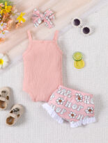 Children's clothing summer baby girl letter suspender flower letter full print shorts set - Image 4