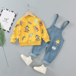 New Fall Cartoon Print Crew Neck Sweatshirt Denim Bib Two Piece Fashion Set for Boys and Girls - Image 2