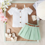 2024 foreign trade cross-border Europe and the United States summer girl suit one-shoulder bow short sleeve with pleated skirt girl suit - Image 3