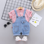 Summer Boys Shirt Short Sleeve Stand Collar Plaid Straps Cropped Pants Version Single Breasted - Image 4