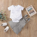 The two-piece summer newborn round neck striped short sleeves + strap shorts - Image 3