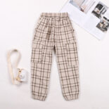 Girls' trousers spring new middle and large children's plaid cargo pants loose leggings pants tide - Image 2