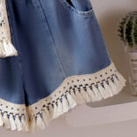 New summer girl suit knitted vest with camisole top and denim shorts three-piece set - Image 9