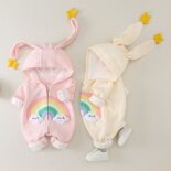 Baby Spring and Autumn One-Piece Rainbow Cute Rabbit Ears Hoodie Baby Girl Clothes Crawling Clothes - Image 2