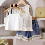 New summer girl suit knitted vest with camisole top and denim shorts three-piece set - Image 2