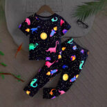 Children's short sleeve set, summer baby loungewear, pajamas, boys, thin cartoon dinosaur, luminous effect two-piece set