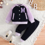 New Baseball Jersey Letter Long Sleeve Jacket Solid Color Trousers Two Piece Set - Image 4