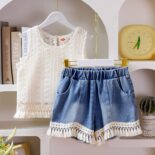 New summer girl suit knitted vest with camisole top and denim shorts three-piece set