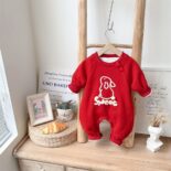 Autumn and winter baby clothes plus velvet warm outing clothes cartoon rabbit onesie 0-1 years old baby girl clothes crawling clothes - Image 2