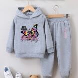 Girls' fashion sweatshirt two-piece butterfly print girl autumn and winter fleece trousers pullover set - Image 3