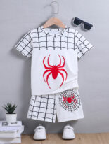 Style 2-piece boy cartoon spider print round neck pullover short sleeves and shorts color blocking splicing set - Image 2