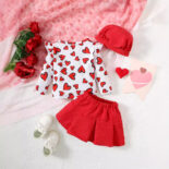 Baby Girl Two Piece Set Autumn Love Print Long Sleeve Top Cute Bow Shorts Baby Set - Image 3