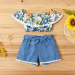 Children's blue and yellow floral striped one-shoulder denim shorts set