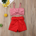 Spring girls' red checkered personalized tied top+tied bow shorts,