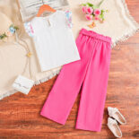 Girls' suits, sweet printed crewneck tops, solid color trousers, two-piece suits, fashionable - Image 2