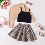Fashionable solid color long-sleeved cover-up + camisole + plaid skirt three-piece set - Image 2