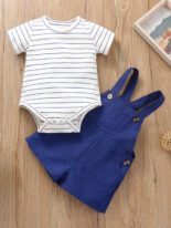 The two-piece summer newborn round neck striped short sleeves + strap shorts - Image 2