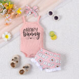 Children's clothing summer baby girl letter suspender flower letter full print shorts set