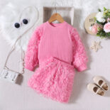 Children and girls autumn and winter solid color pit strip fur wool long-sleeved top short skirt fashion fashion style suit - Image 4