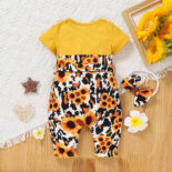 Summer new girl baby sunflower print jumpsuit with headscarf and belt - Image 2