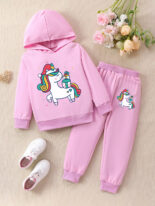 Cartoon unicorn cute girl fashion hooded sweatshirt set girl spring and autumn sports two-piece set - Image 3