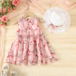 Children's clothing girls summer print dress for small children midi dress with hat - Image 2