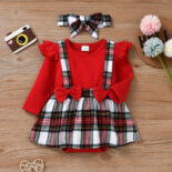 Autumn New Baby Girl Checkered Bow Fake Two Piece Triangle Clothes+Headscarf - Image 2
