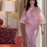 Autumn new V-neck mesh sequins elegant slim balloon sleeve dress women - Image 2