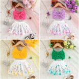 Summer baby girl solid color bow camisole + flower butterfly print skirt set