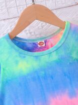 Girls' fashion dress rainbow tie-dye print short sleeve slit A-line dress - Image 3