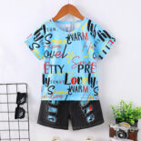 Summer Boys' Trendy Alphabet Digital Printed Short Sleeve Ripped Denim Shorts Set