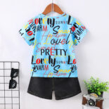 Summer Boys' Trendy Alphabet Digital Printed Short Sleeve Ripped Denim Shorts Set - Image 2