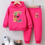 Girls' fashion sweatshirt two-piece letter E print children's girls autumn and winter velvet top set - Image 2