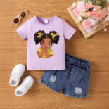 Infant Girls Summer Heat Stroke Round Neck Short Sleeve Top Denim Shorts Set Tide - Image 3