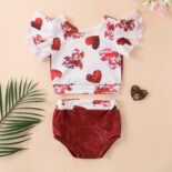 Baby Girl Set Open Back Flying Sleeve Love Print Top + Red Shorts